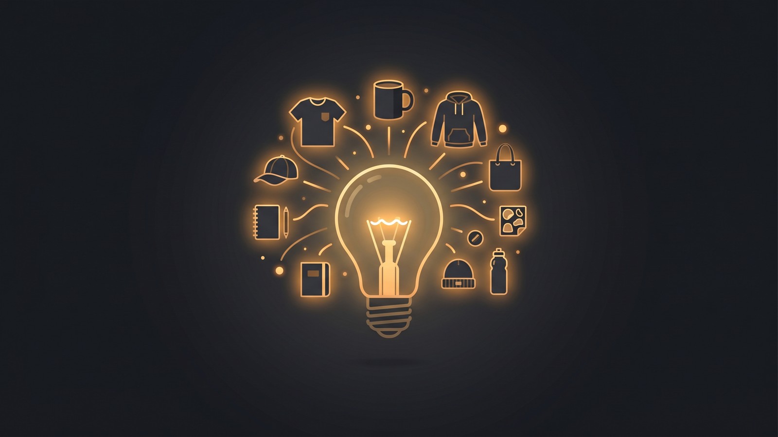 Lightbulb with creative custom merchandise ideas floating around it