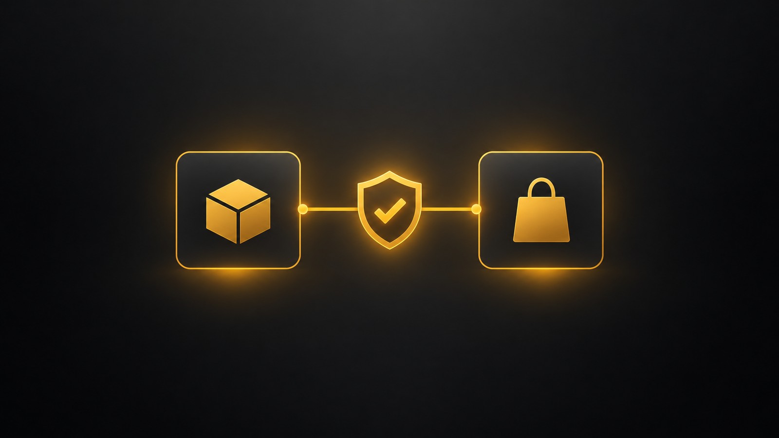 A product tile and a shop tile joined by a gold checkmark shield