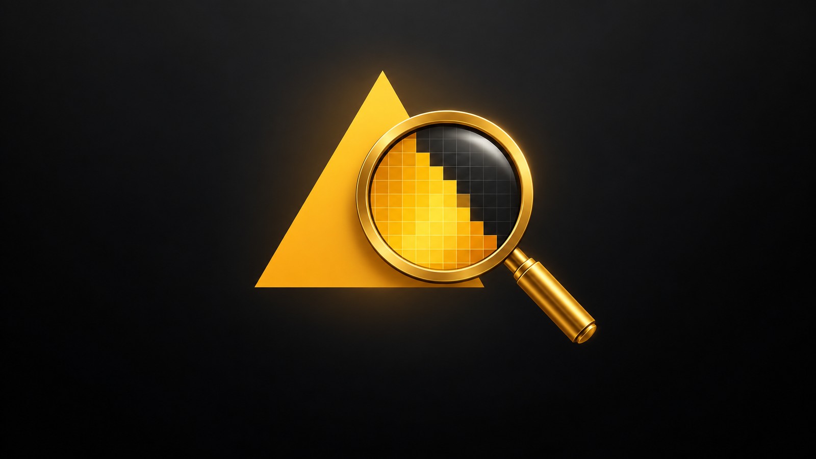 A pixel grid inside a gold magnifying glass over a crisp triangle